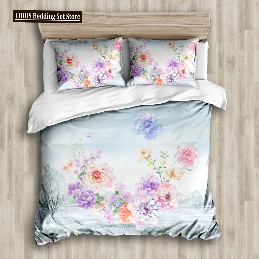 Flower Duvet Cover Botanical Leaves Reversible Floral Colorful Bedding Set Natural Plant Double Queen King Polyester Qulit Cover