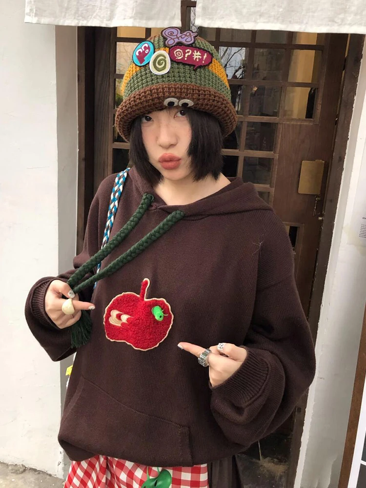 Sweat à capuche rétro américain pour femmes, vêtements d'extérieur de printemps, lettres brodées, tricoté, ample, Couple lourd, haut tendance, Streetwear