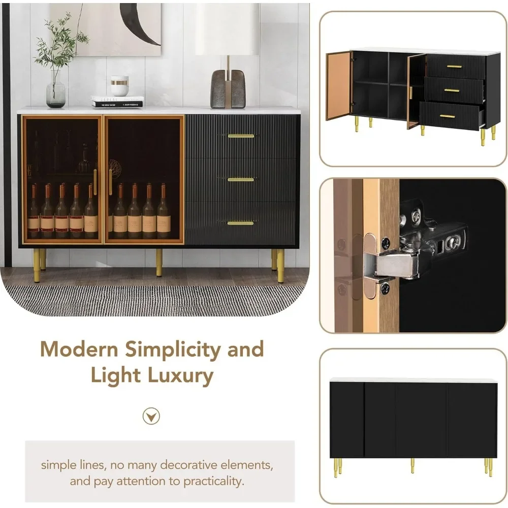 Modern Sideboard with Tempered Glass Doors, 60" MDF Buffet Credenzas Kitchen Storage Cabinet w/Gold Metal Legs & Handles