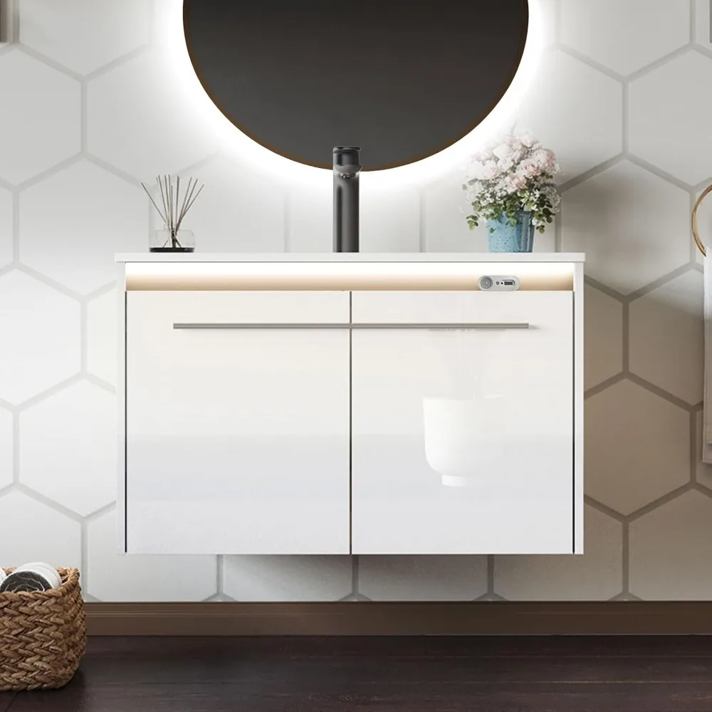 

31" LED Floating Bathroom Vanity with Sink, High Gloss Single Sink Wall Mounted Bathroom Storage Vanity Cabinet with Me
