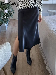 Glossy Satin Skirts For Women Elastic High Waisted Solid Color Split Mid Length A-line Skirt Office Lady Women's Clothing Sales