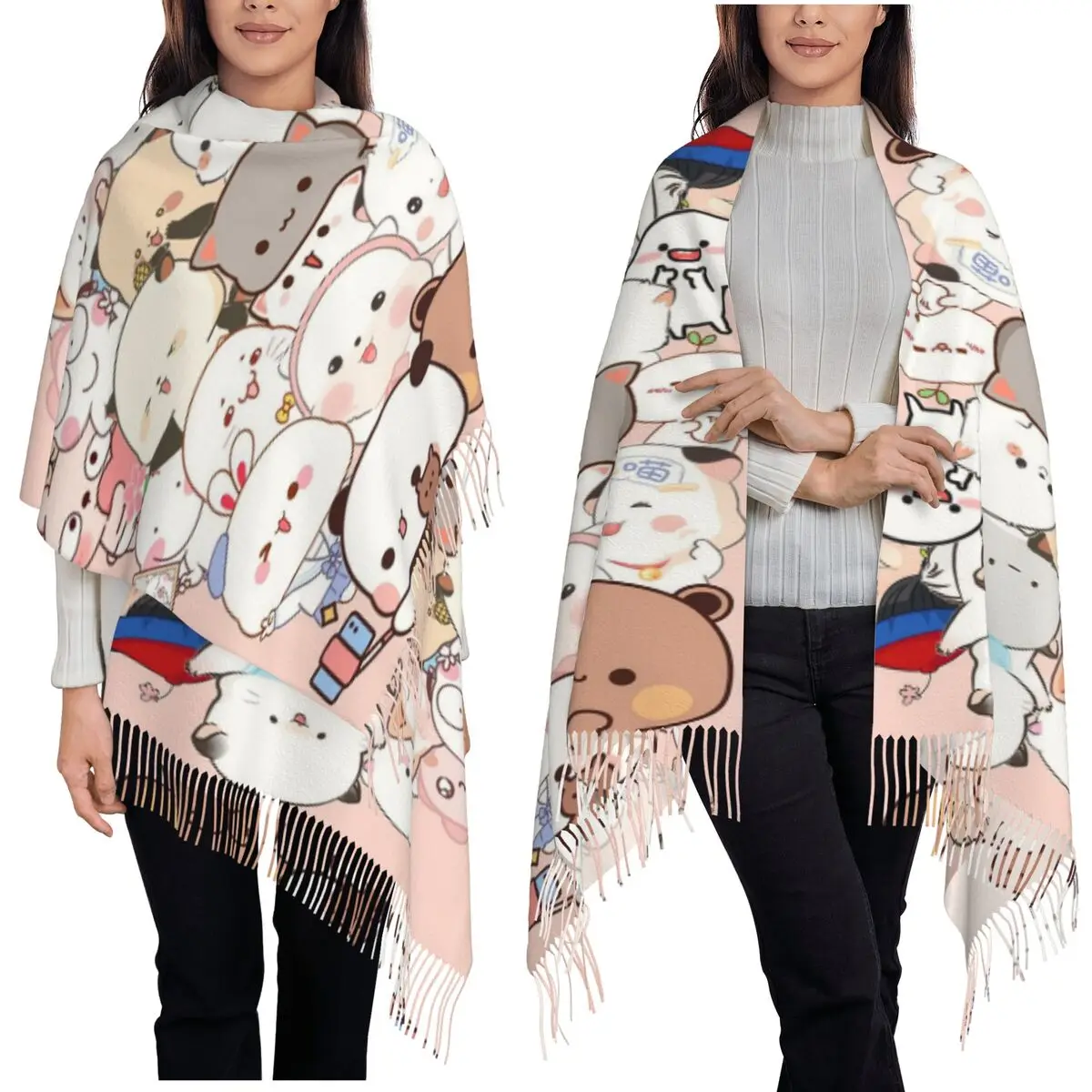 Bubu Dudu Panda Bears dibujos animados cereza corazón bufanda borla bufandas mujeres suaves y cálidos chales y chales grande Otoño Invierno chal