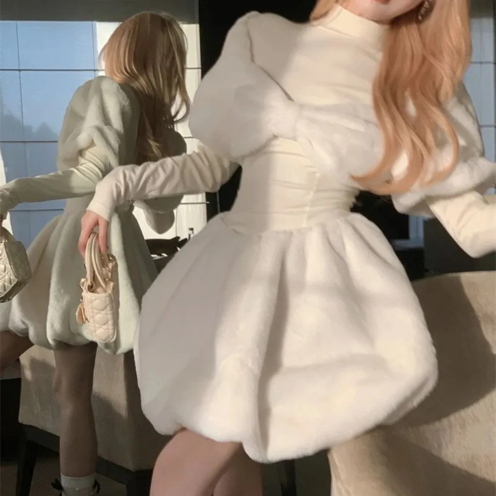 

Long Sleeve Mini Dresses Women Solid Color Patchwork Bow Sweet Lovely Half High Collar Flattering Waist Winter Warm Elegant Soft