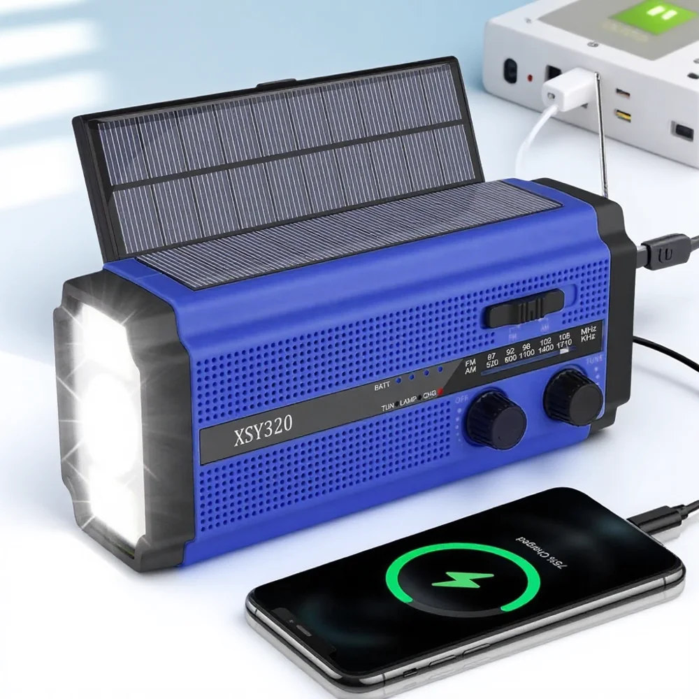 

Портативное AM/FM-радио на солнечной батарее с ручным приводом, 5000 мАч, LED-фонарь, лампа для чтения, SOS-сигнал, незаменимое устройство для кемпинга и походов