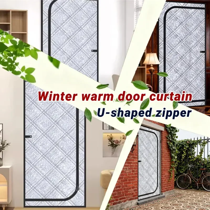 Aluminum Foil Oxford Cloth U-Shaped Zippered Door Curtain, Thickened Insulated Windproof Sealed Thermal Barrier for Home