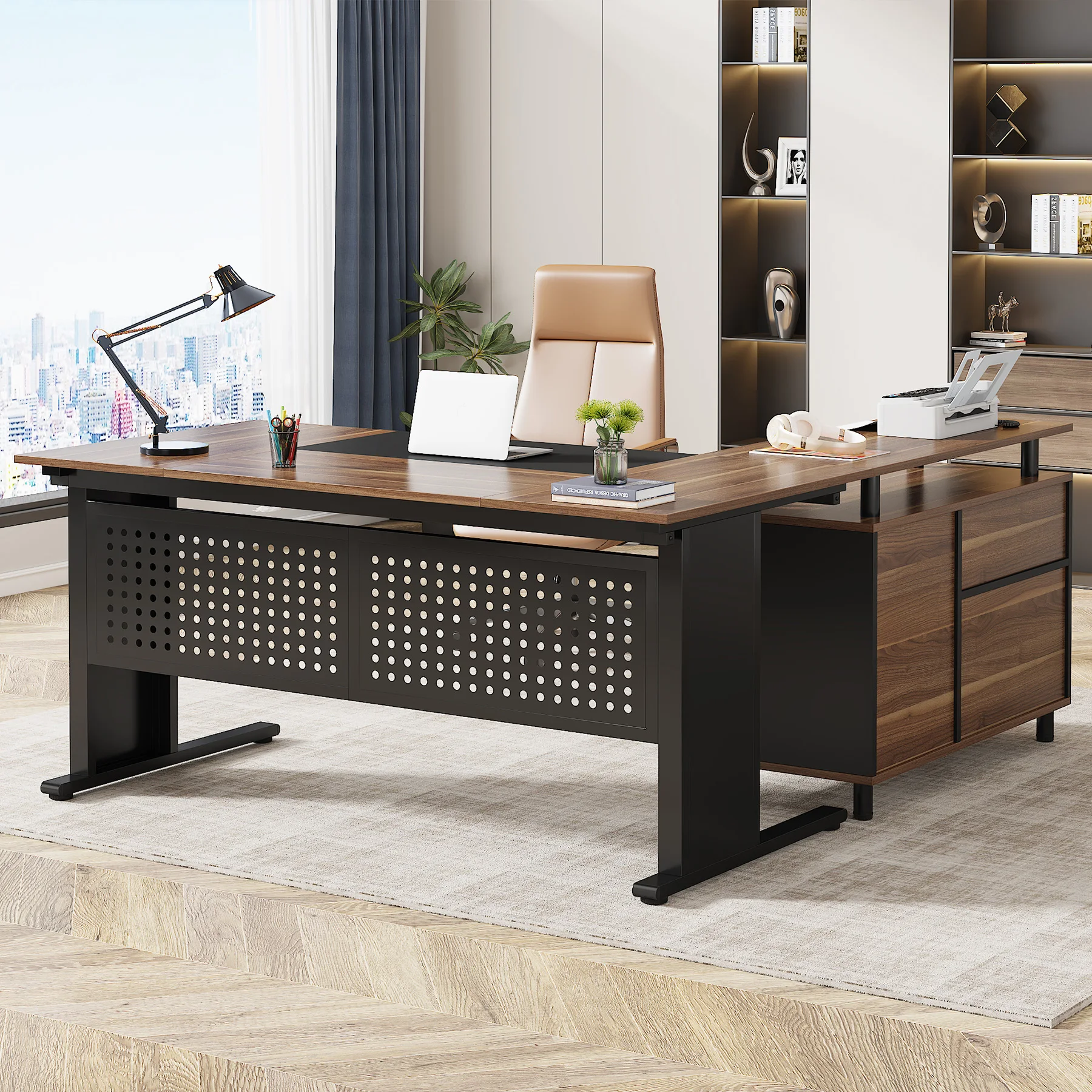 Executive Desk with File Cabinet, Large Office  L Shaped Computer Desk with Drawers and Storage Shelves