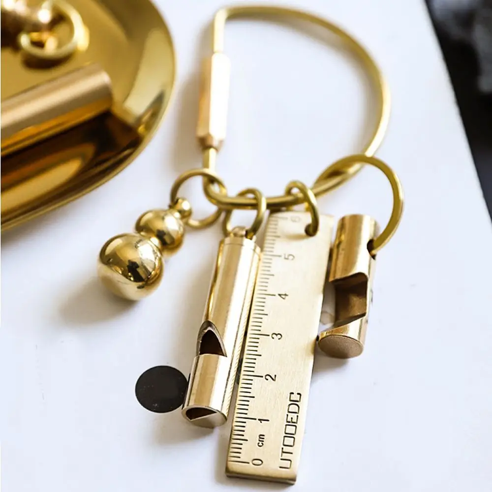 7 Styles Vintage Brass Keychain Portable Unique DIY Craft Tools Whistle Ruler Key Ring Pendant Creative Jewelry Accessories