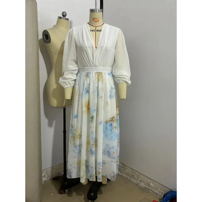 

Amazon Independent Station Digital Printing Long-sleeved V-neck Spliced Long Dress 2026 European and American Women's Clothing