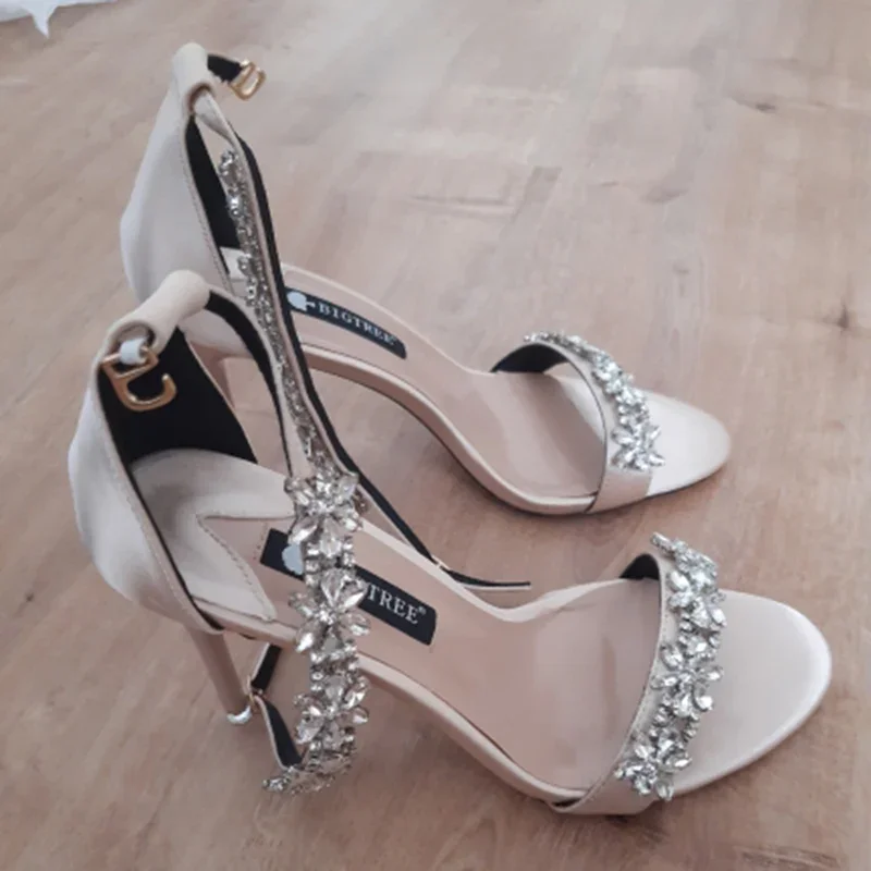 Women Fetish 9cm High Heels Crystal Designer Sandals Lady Silk Wedding Bridal Heels Glitter Rhinestone Flower Satin Strap Shoes