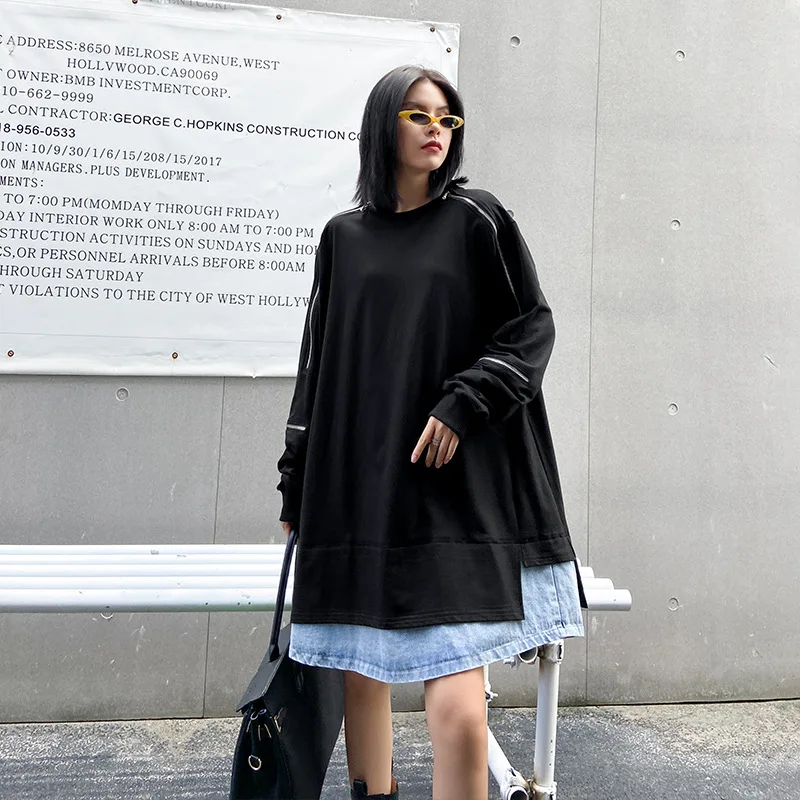 여성 캐주얼 빈티지 데님 패치워크 라운드넥 지퍼 스포츠웨어 루즈핏 스웨트셔츠 2025 가을 상의