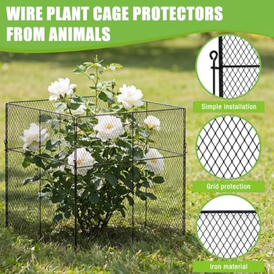 Outdoor Plant Protection Cage: Galvanized Steel Mesh, Black, 5-Pack Large Square Design With 15.8-Inch Stakes For Vegetable See