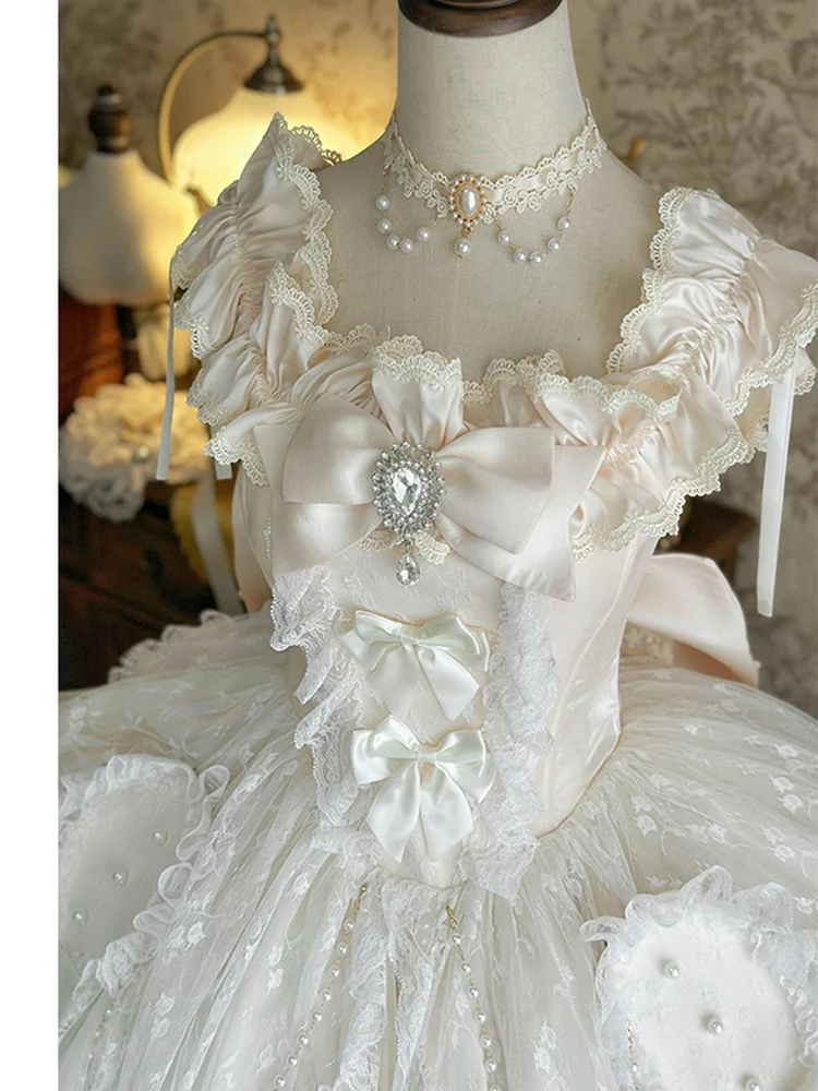 スイートロリータスタイルプリンセスドレス2025新作レディースエレガントフラワーウェディングドレスガールズキュートボウレースエッジヘビーインダストリードレス
