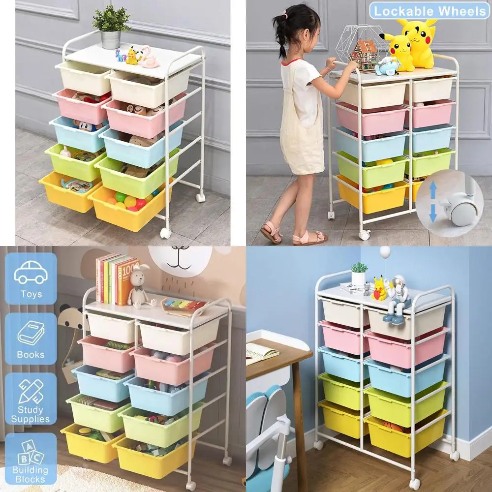 

Тележка-органайзер на 10 ящиков с металлическим каркасом, многофункциональная тележка для хранения на колесах для дома, офиса, школы, разноцветная