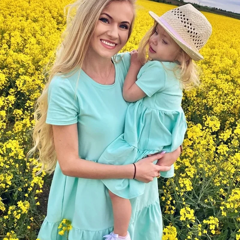 Summer Mommy and Daughter Matching Clothes Short Sleeve Solid Color Mother and Daughter Dress Casual Family Matching Outfits