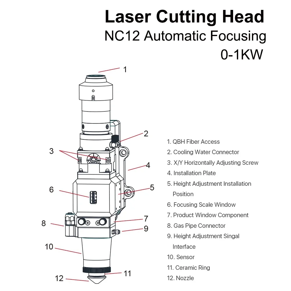 WSX 0-1KW Fiber Laser Cutting Head NC12 Automatic Focusing 1000W for Metal Cutting