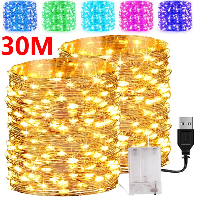 30M Copper Wire LED Lights String USB Battery Waterproof Garland Fairy Light Christmas Wedding Party Decor Holiday Light Navidad