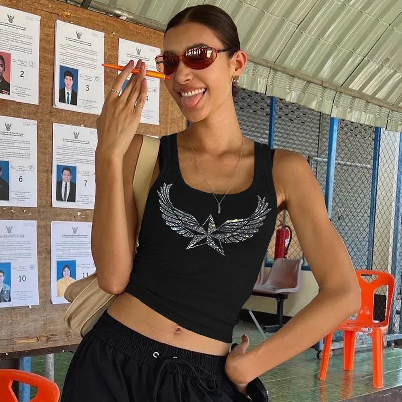 90s Vintage Women's 2024 Summer Tank Top Y2K Fashion Hot Diamond Slim Fit Open Navel Sleeveless Tank Top Women's T-shirt