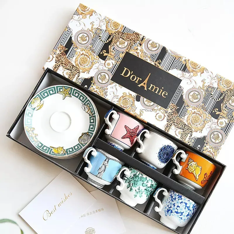 English Vintage Ceramic Tea Cup Set Luxury Set of 6 European Porcelain Coffee Cup Saucer Spoon Gift Box Wedding Gifts Home Decor