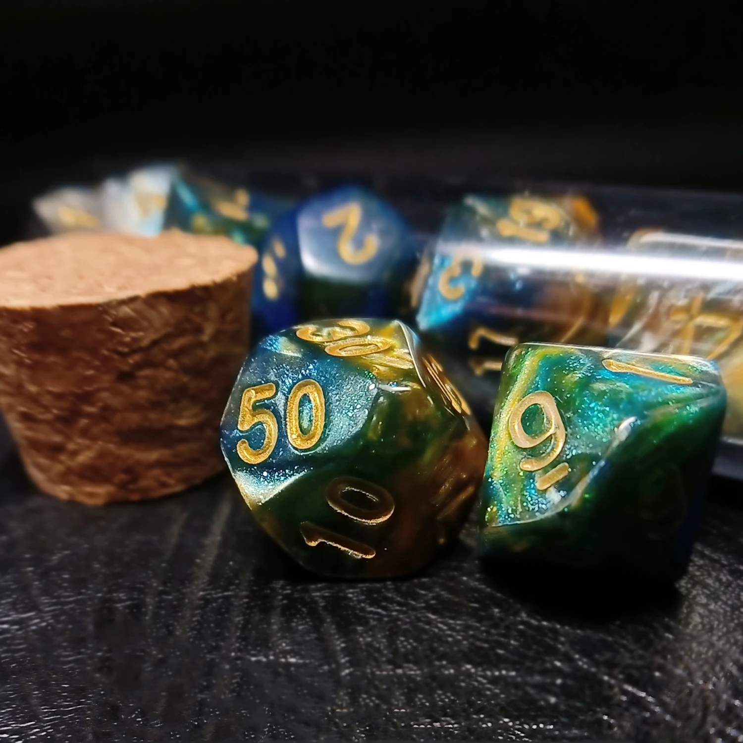 7Pcs/Set Cyan and Brown Starry Sky Galaxy Dice D&D COC Dice D4 D6 D8 D10 D% D12 D20 Table Games DND RPG Dice Set