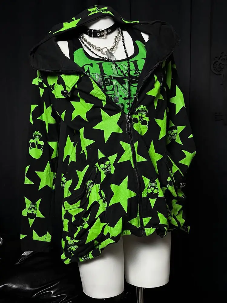 Women American Retro Skull Printed Hooded Jacket Vintage Casual Fashion Outerwear Autumn Winter Y2k Street Retro Jacket Coat New