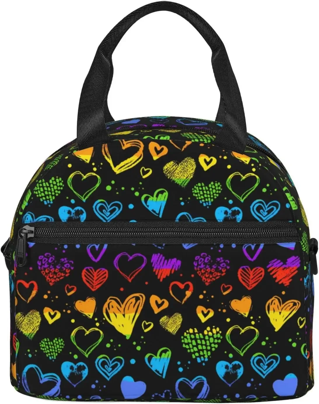 Rainbow Love Hearts Lunch Bag with Adjustable Shoulder Strap for Women Men Reusable Lunch Cooler Bag for Office Picnic