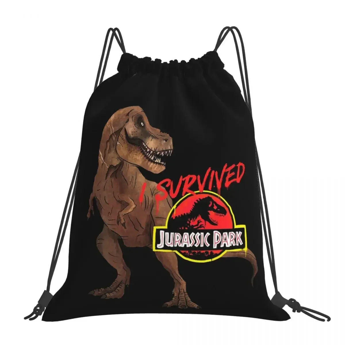 I Survived Jurassic Park Backpacks Casual Portable Drawstring Bags Drawstring Bundle Pocket Sundries Bag BookBag For Man Woman