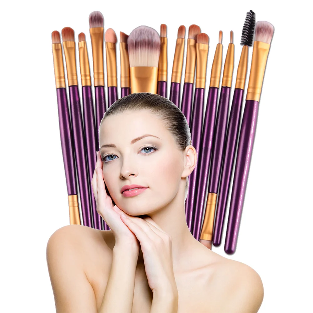 Set di pennelli per trucco professionale da 15 pezzi Setole in nylon morbido Manico in plastica Aspetto naturale per trucco per donna Viola dorato