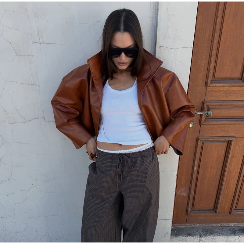 Women Waist Cinching Leather Jacket Solid Stand Neck Zipper Pocket Loose Jackets Lady New Vintage Fashion Street Outwear 2026