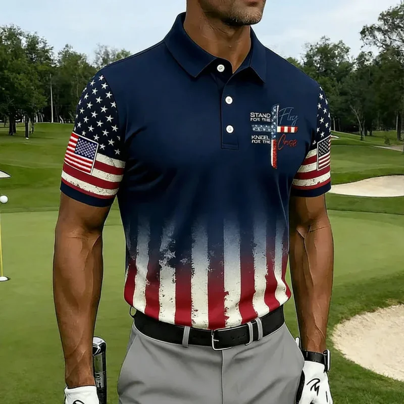

America 250th Theme Design New Polo Shirt For Men Retro Stars Stripe Print Button Up Golf Polo Holiday Fashion Outdoor Sport
