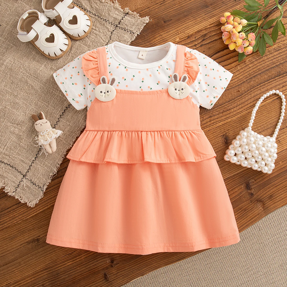 Summer Daily Casual Dresses for Girls Cute Bunny Floral Print Short Sleeved Cotton Dress Baby Girl Dress