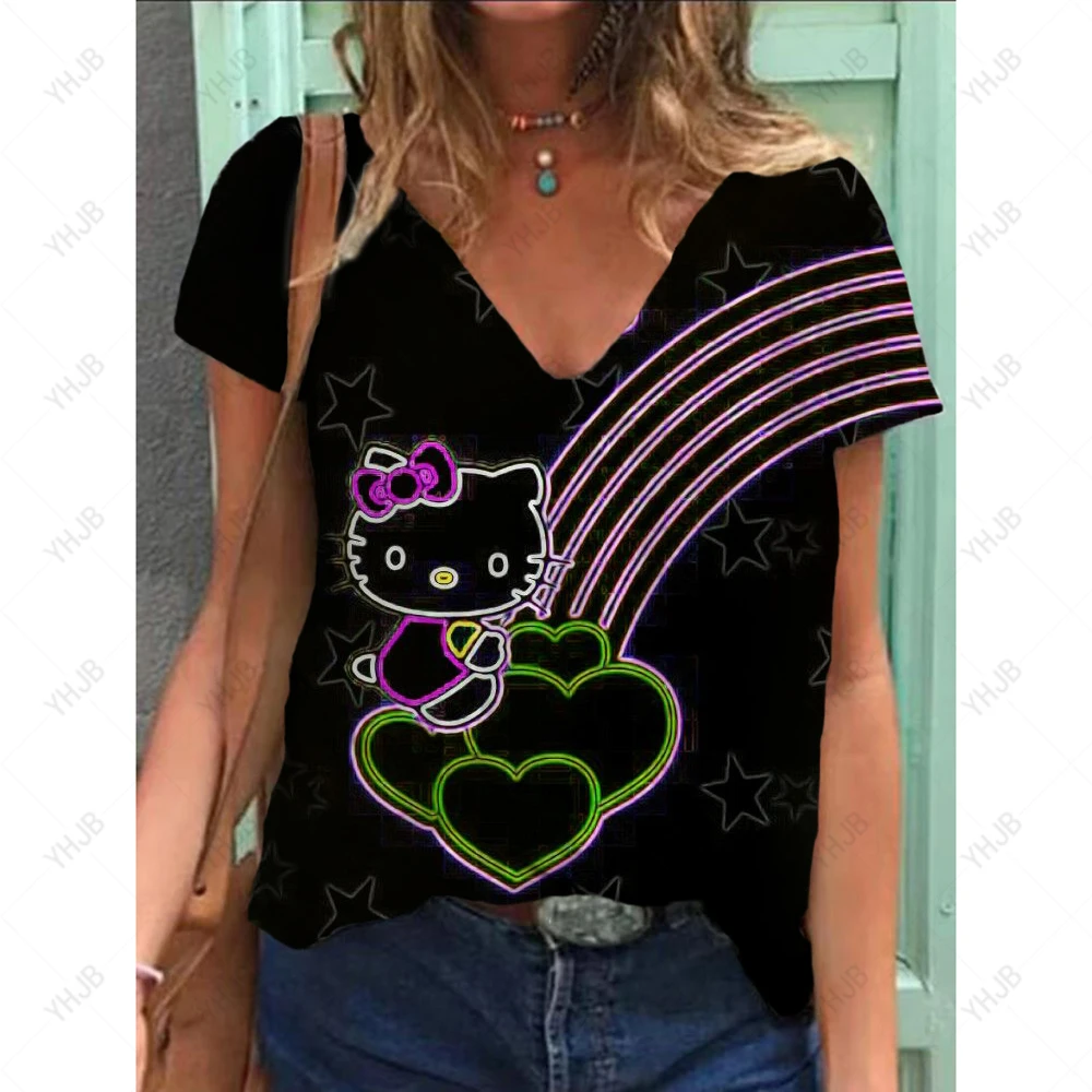 

Летняя женская футболка 3D Fashion Sanrio Hello Kitty с принтом Harajuku Футболка для девочек Одежда Новый топ с короткими рукавами и v-образным вырезом
