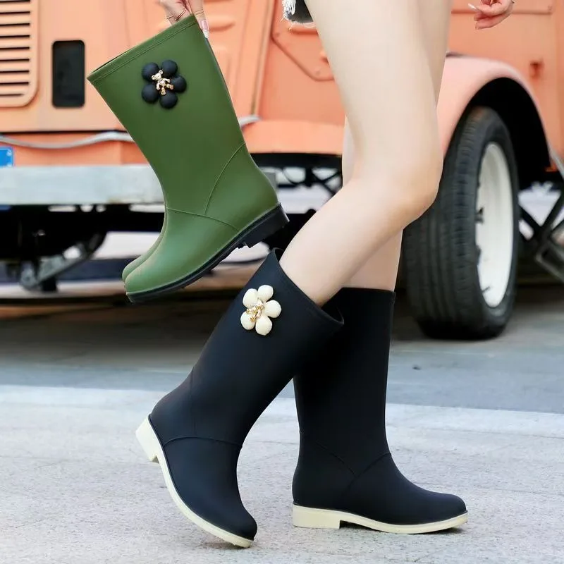 منتصف العجل احذية المطر المرأة موضة زين كعب منخفض Wellies البلاستيكية الجرموق مقاوم للماء عدم الانزلاق Gumboots التخييم أحذية من المطاط #6