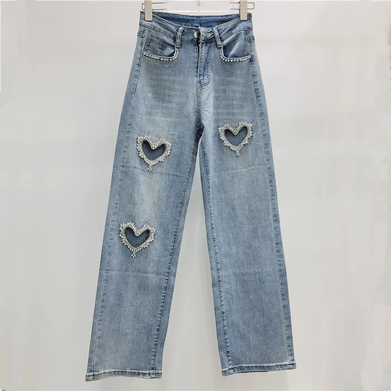 Women Stretch Jeans Ankle Length Jean Washed Denim Straight Pants High Waist Trousers Pockets Basics Hollow Solid Diamonds