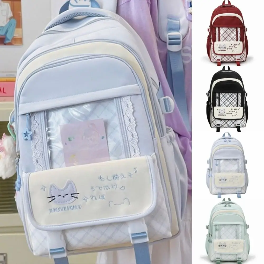 Nylon Hollow Lace Backpack Color-blocked Preppy Style Large Capacity School Bag Transparent Cute Cat Plaid Backpack Shopping