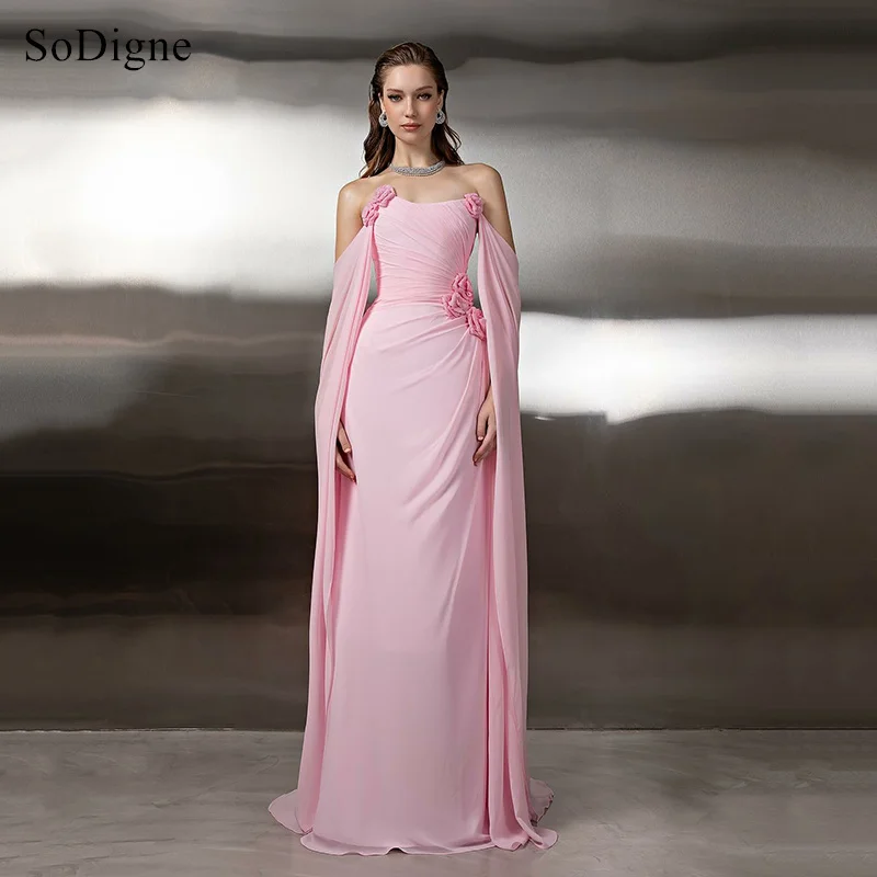 

SoDigne Elegant Pink Straight Evening Dress Flowers Draped Party Dress Chiffon Ribbons Formal Prom Gowns Customized