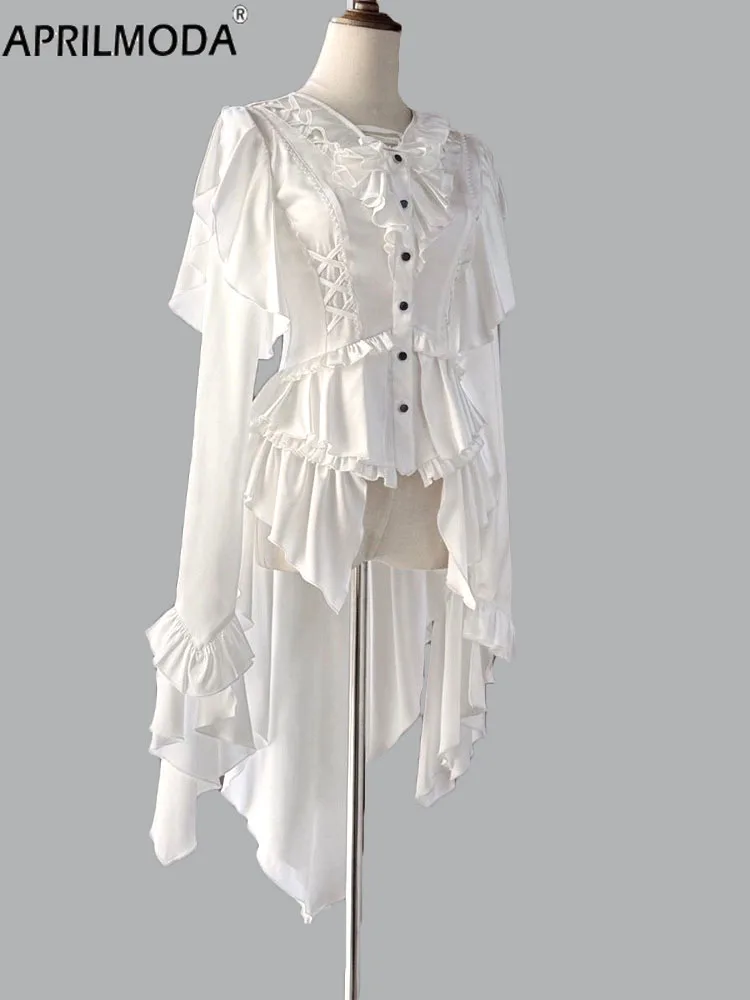 Camicia Steampunk giapponese vittoriana vintage Lolita Trailing Donna Camicette autunnali gotiche bianche nere Top retrò casual estetico