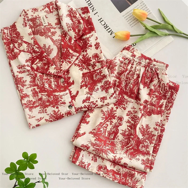 

Red Print Pyjamas Set Long Sleeve Pyjamas Women's Loungewear Home Clothes Soft Rayon Pajamas 2Pcs Set Nightwear Women Loungewear