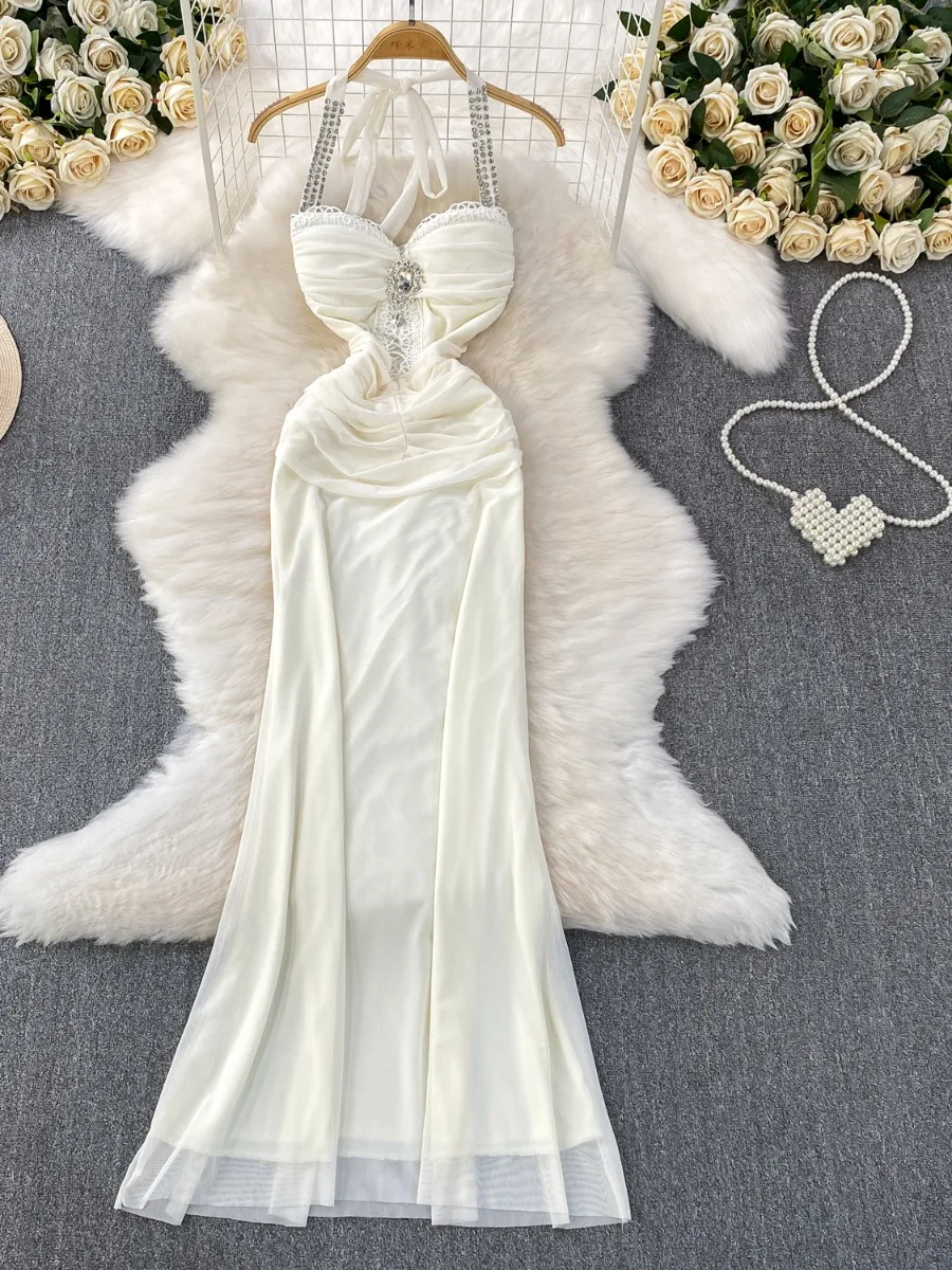 Foamlina Abito sexy con scollo a V e strass con cinturino alla caviglia Abito estivo da donna con ritaglio glamour in vita stretta a coda di pesce Abiti maxi eleganti