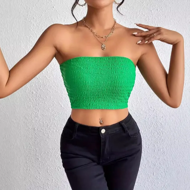 European and American StyleSexy High-end Feeling Chest CinchingStrapless Solid Color VestFashionable Ultra ShortStyle Spicy Girl