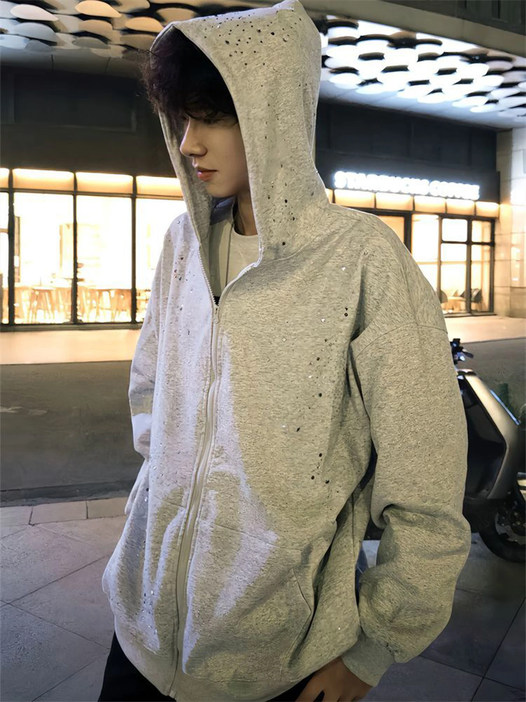 American High Street Starry Sky Rhinestone Hooded Sweatshirt Men Autumn Winter Gray Heavy Craft Cardigan Zipper High-end Jacket