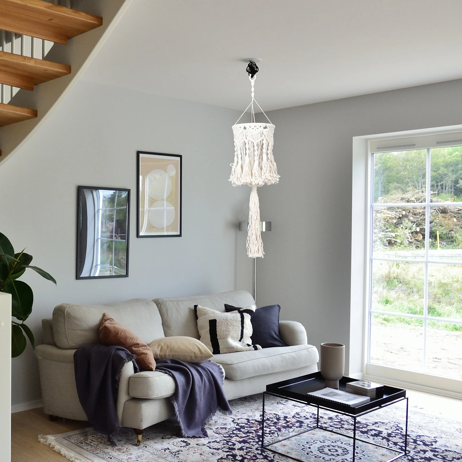 

Macrame Hanging Lampshade White Tassel Bohemian Lighting Decor Rope Cotton Thread Cover Pendant Light Shade Woven Lampshade