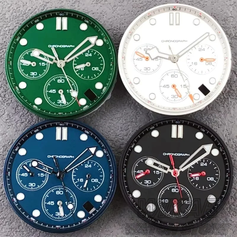 31mm VK63 Zifferblatt mit Zeigern grün leuchtend für VK63 Quarzwerk mit Kalenderfenster passend für 41mm Chronographenuhrengehäuse
