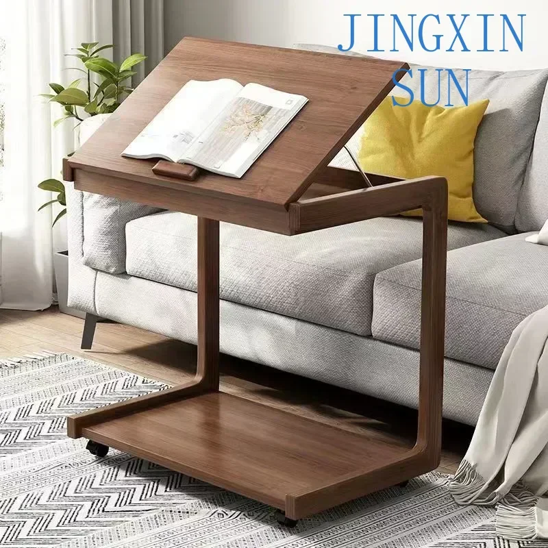 Solid Wood Furniture Tea Coffee Table Sofa Corner Bedside Balcony Living Room Side Cabinet Movable Learning Table  With Wheels