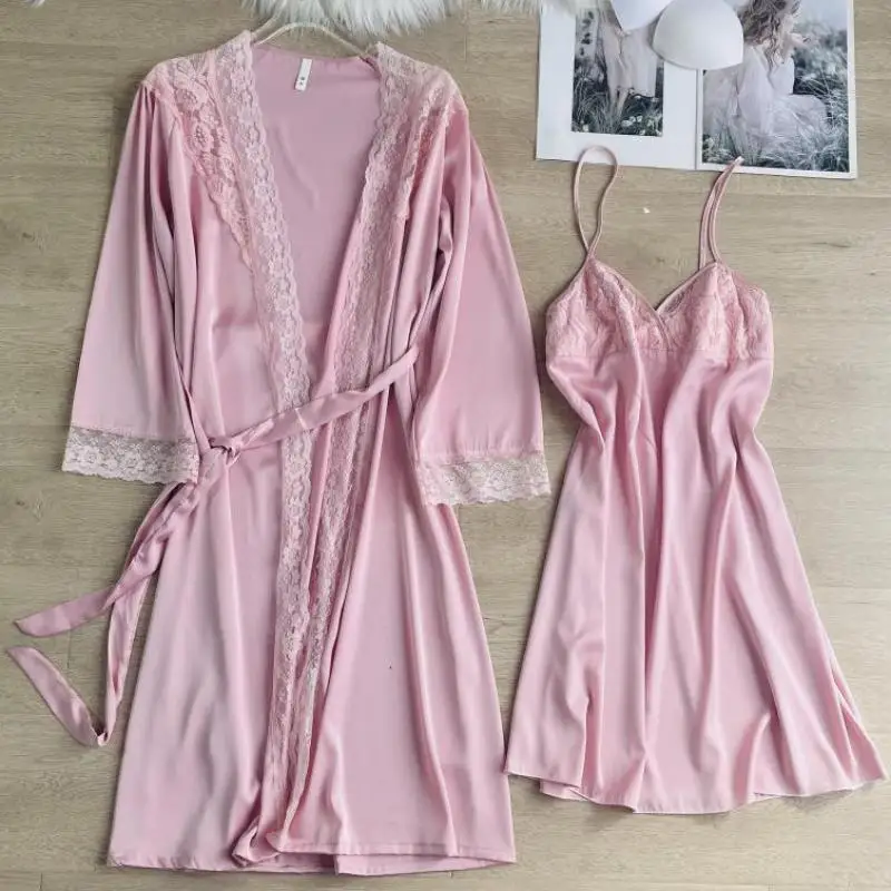 

Casual Kimono Robe Set Sexy Satin Homewear Nightgown Women Summer New Sleepwear Bathrobe Lace Patchwork Home Dressing Gown