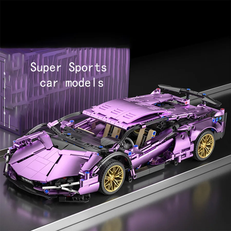 

Purple sports car building blocks, 1:14 scale, movable wheels with doors, purple city car, super sports car building blocks