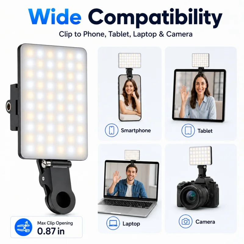 

Portable Clip On Selfie Light LED Fill Light 3 Modes Video Conference Lamp for Phone Camera Laptop Makeup Vlog