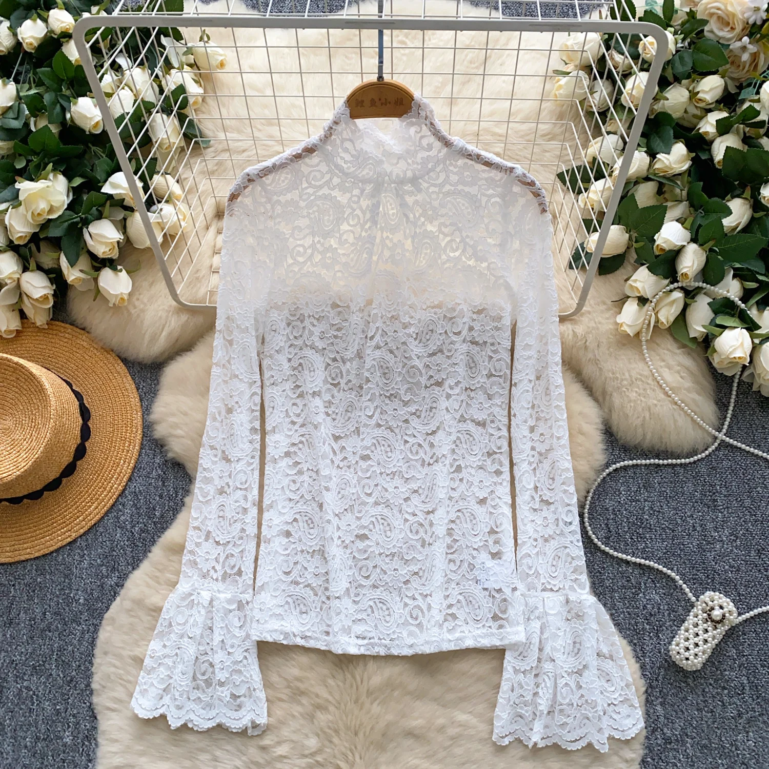 Vintage Blouse Hook flower hollow Turtleneck long sleeve Slim Elegant Fashion Sexy  Women Shirt  women clothing