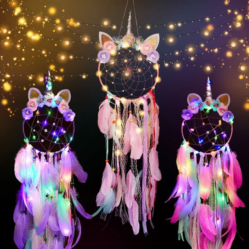 Unicorn Dream Catcher Boho Kawaii Room Decor Christmas Decoration Home Decor Wall Hanging NurBaby Bedroom LED Gift Dreamcatcher