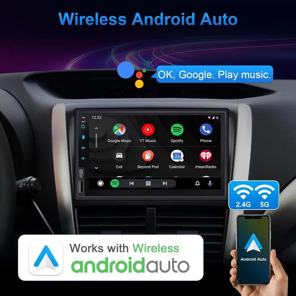 Autoradio doppio Din con CarPlay wireless e Android Auto wireless, autoradio touchscreen con Bluetooth, USB/SWC/AUX/FM