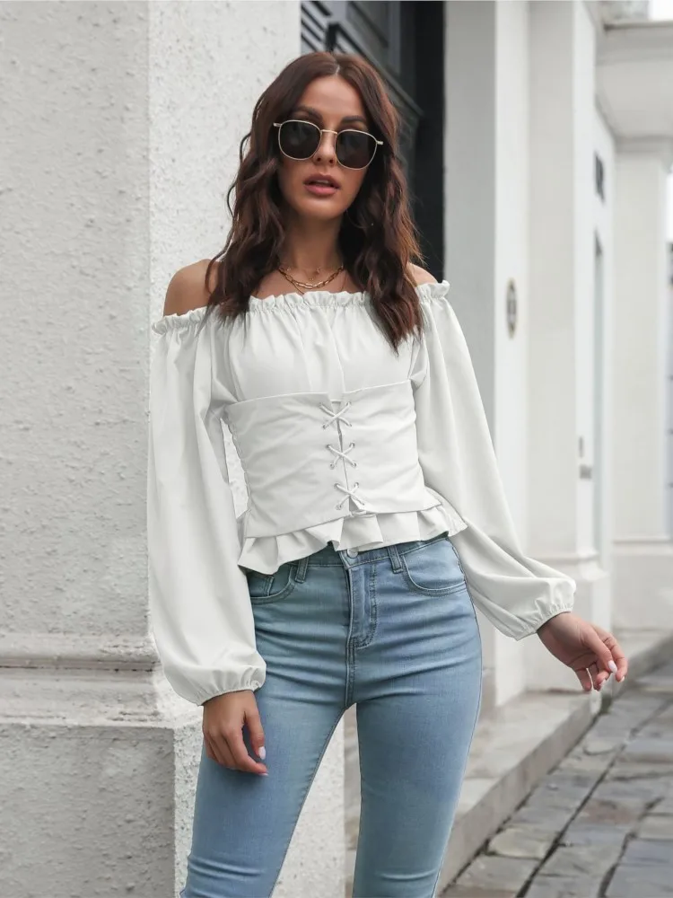 Autumn Women's Clothing Front Strap Lantern Sleeve One Collar Waist Cinched Waist Waist Short Top Long Sleeved Chiffon Shirt